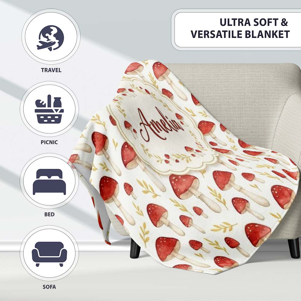 Autumn Orange Woodland Mushroom Botanical Seamless Pattern Name Cute  Personalised Custom Name Super Soft Fleece Blanket Bed Sofa Throw
