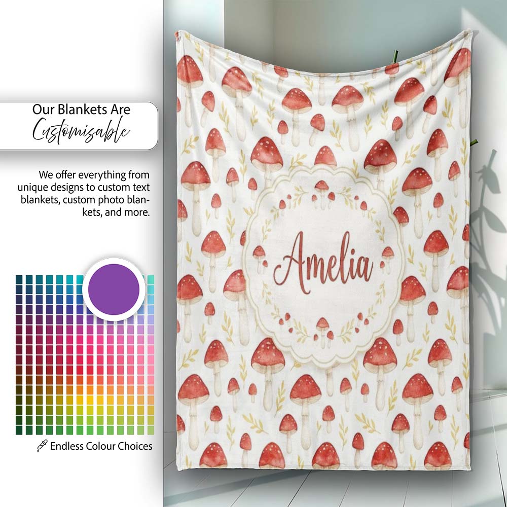 Autumn Orange Woodland Mushroom Botanical Seamless Pattern Name Cute  Personalised Custom Name Super Soft Fleece Blanket Bed Sofa Throw
