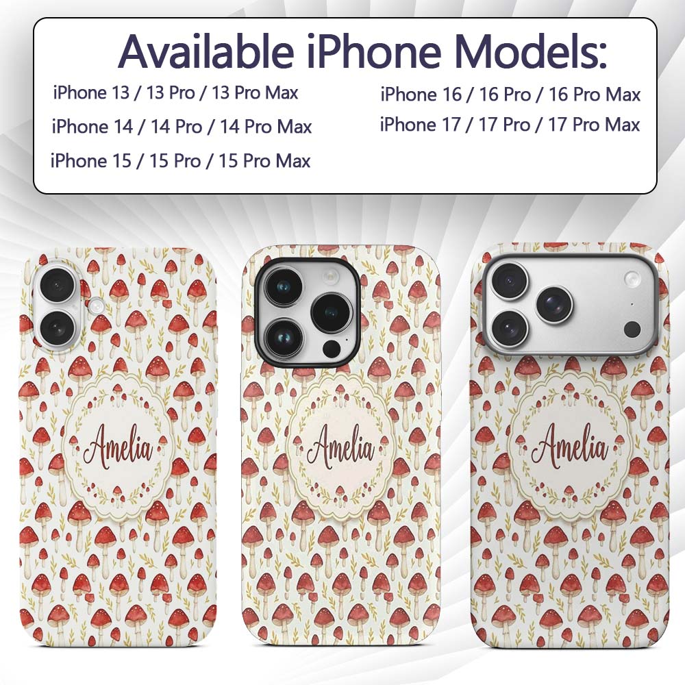 Autumn Orange Woodland Mushroom Printed Design Custom Name Protective Phone Case Mobile Cover Durable Everyday Smartphone Shock Resistant