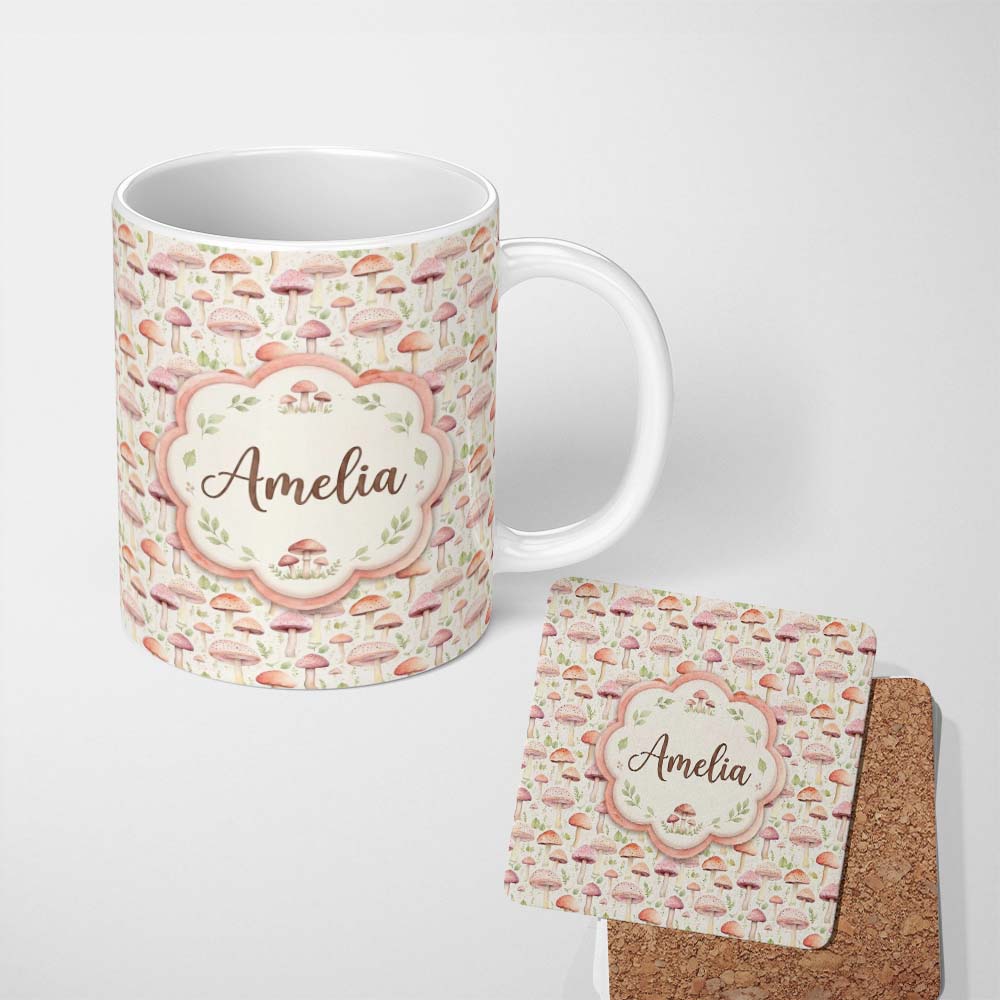 Personalized Custom Name Soft Pink Pastel Mushroom Woodland Nature Seamless Pattern Name Cute 11oz Ceramic Coffee Tea Mug White Large Handle