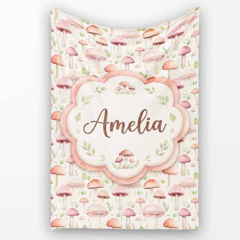 Soft Pink Pastel Mushroom Woodland Nature Seamless Pattern Name Cute  Personalised Custom Name Super Soft Fleece Blanket Bed Sofa Throw