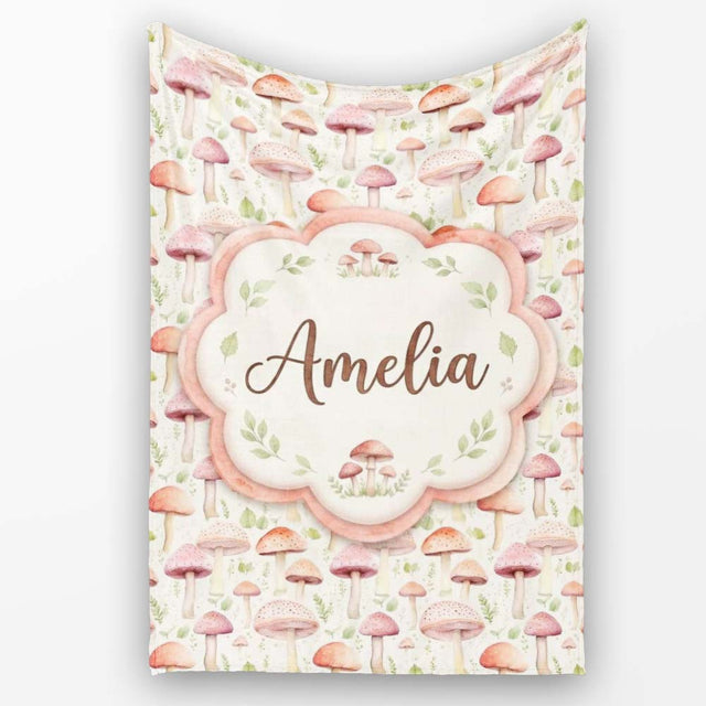 Soft Pink Pastel Mushroom Woodland Nature Seamless Pattern Name Cute  Personalised Custom Name Super Soft Fleece Blanket Bed Sofa Throw