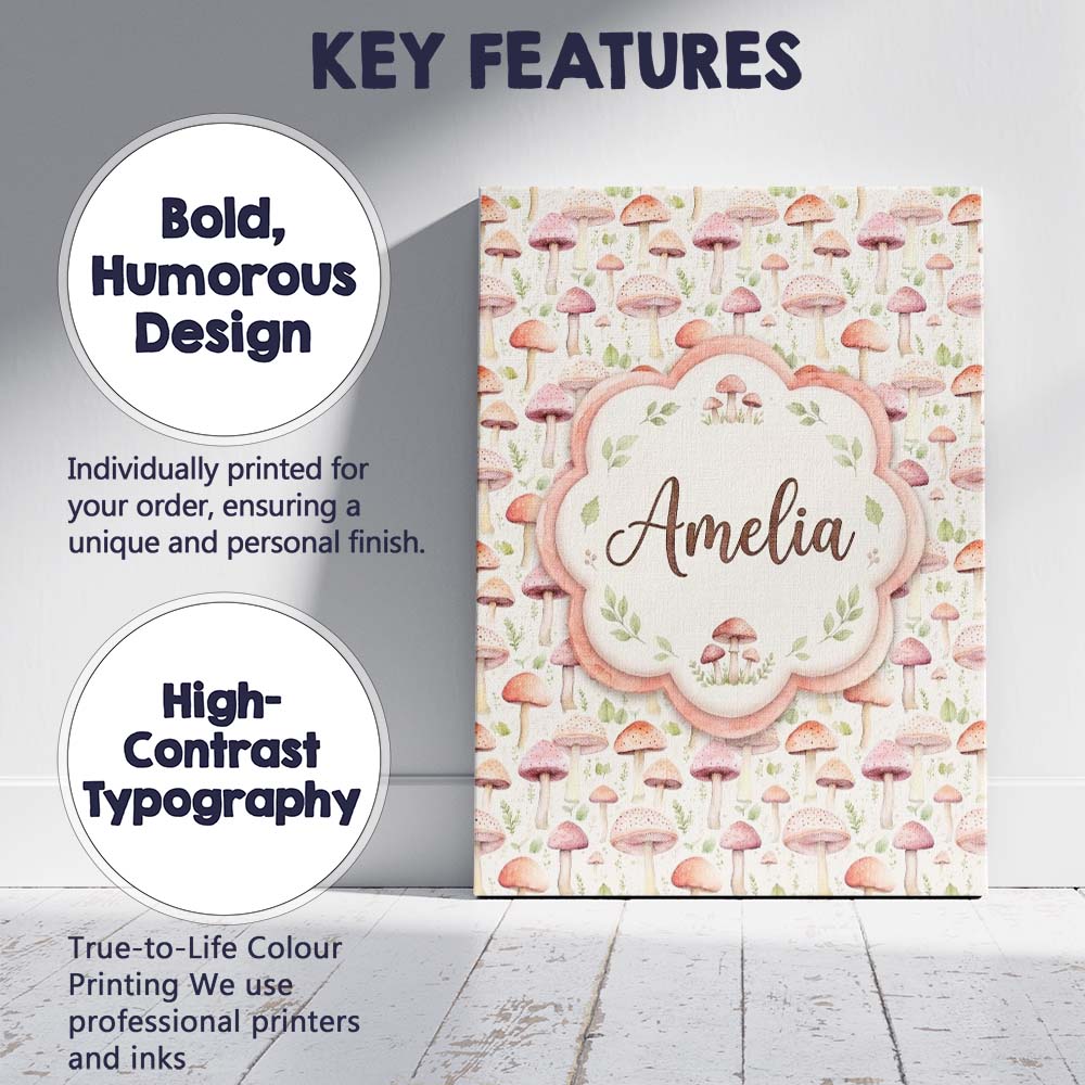 Personalised Name Soft Pink Pastel Mushroom Custom  Bespoke Interior Contemporary Canvas Wall Art Print Decor Picture Ready to Hang