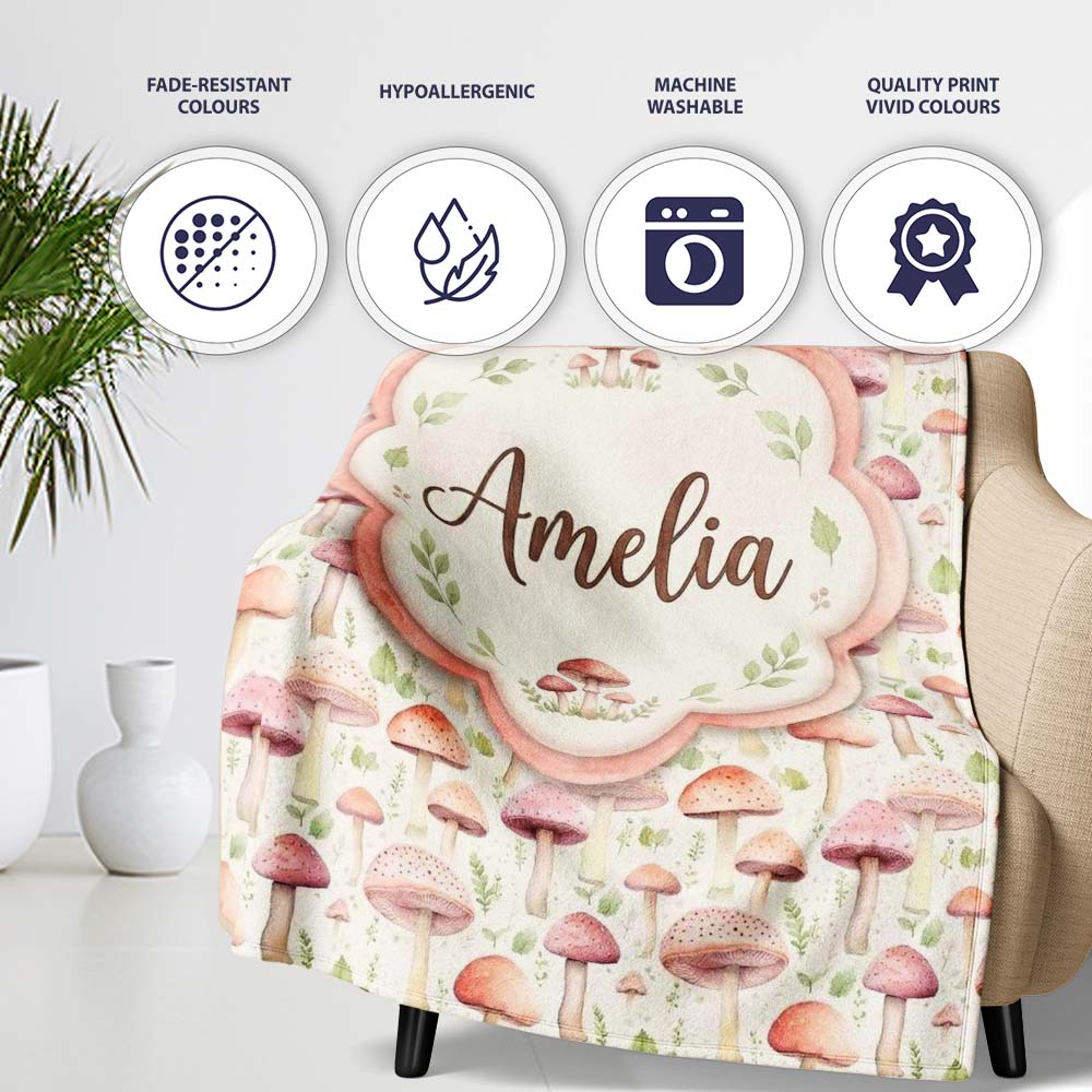 Soft Pink Pastel Mushroom Woodland Nature Seamless Pattern Name Cute  Personalised Custom Name Super Soft Fleece Blanket Bed Sofa Throw