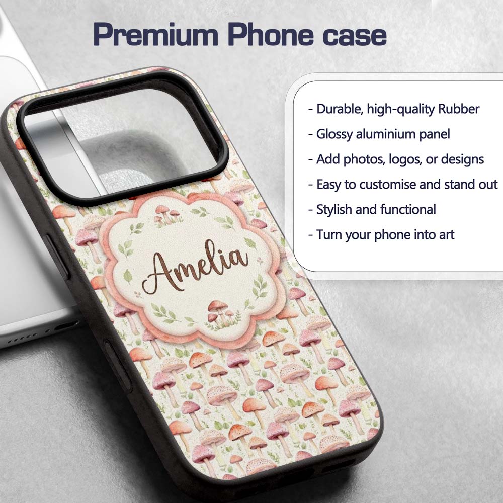 Soft Pink Pastel Mushroom Woodland Printed Design Custom Name Protective Phone Case Mobile Cover Durable Everyday Smartphone Shock Resistant