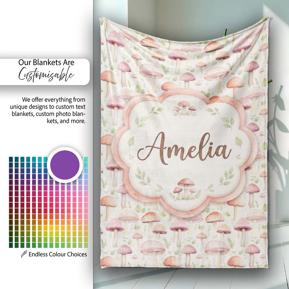 Soft Pink Pastel Mushroom Woodland Nature Seamless Pattern Name Cute  Personalised Custom Name Super Soft Fleece Blanket Bed Sofa Throw