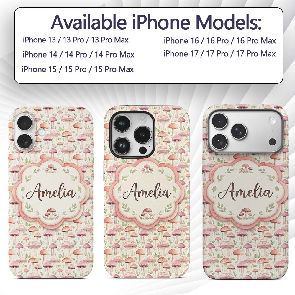 Soft Pink Pastel Mushroom Woodland Printed Design Custom Name Protective Phone Case Mobile Cover Durable Everyday Smartphone Shock Resistant