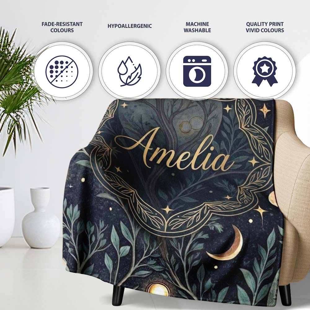 Enchanted Mushroom Forest Night Sky Seamless Pattern Lovely  Personalised Custom Name Super Soft Fleece Blanket Bed Sofa Throw