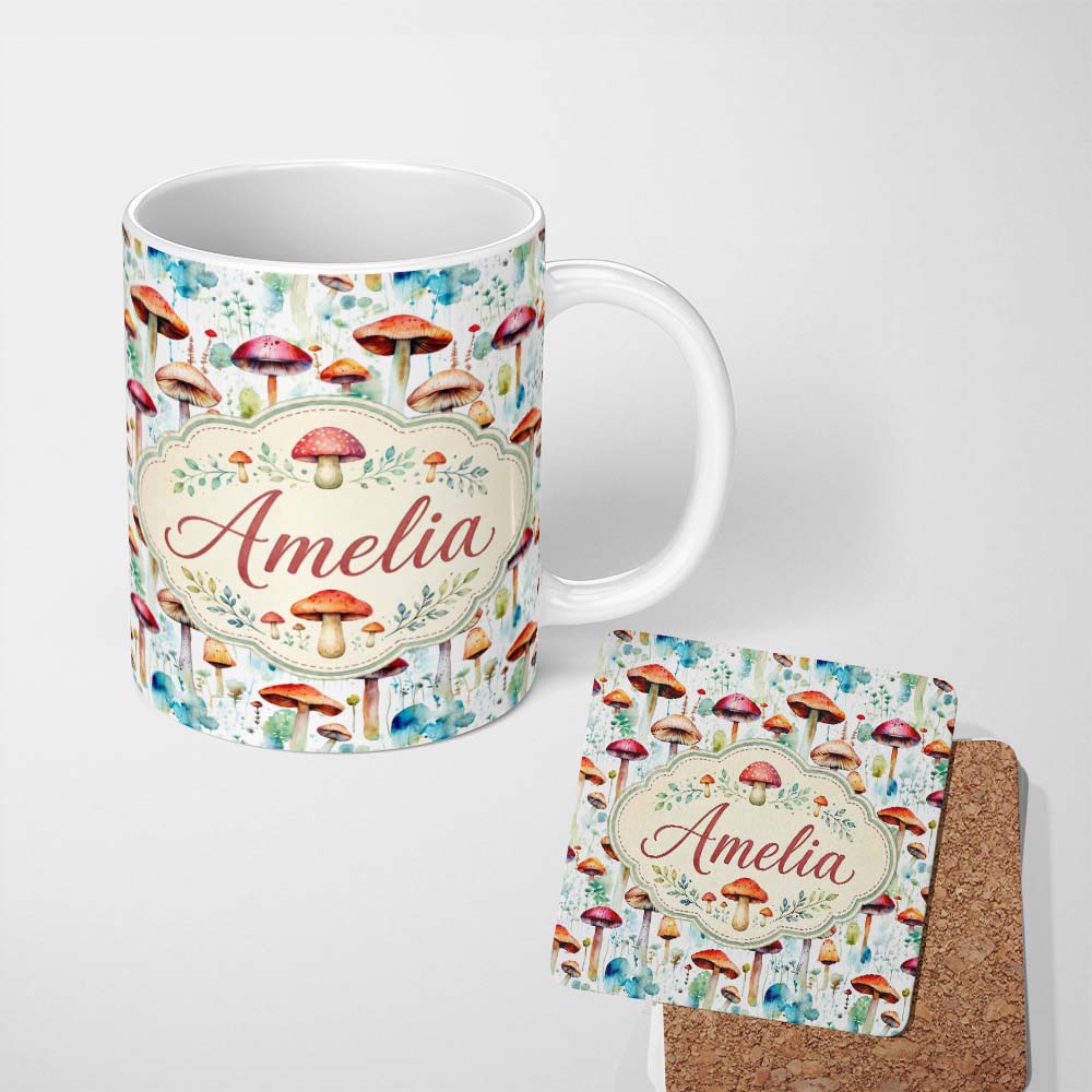 Personalized Custom Name Vibrant Watercolor Mushroom Forest Artistic Seamless Pattern Name 11oz Ceramic Coffee Tea Mug White Large Handle