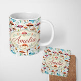 Personalized Custom Name Vibrant Watercolor Mushroom Forest Artistic Seamless Pattern Name 11oz Ceramic Coffee Tea Mug White Large Handle