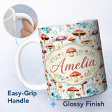 Personalized Custom Name Vibrant Watercolor Mushroom Forest Artistic Seamless Pattern Name 11oz Ceramic Coffee Tea Mug White Large Handle