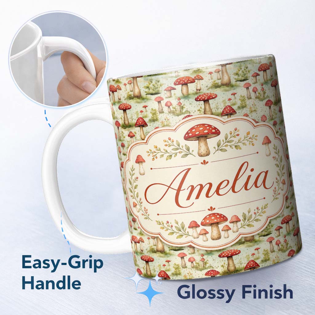 Personalized Custom Name Vintage Red Toadstool Meadow Scenic Seamless Pattern Name Cute 11oz Ceramic Coffee Tea Mug White Large Handle