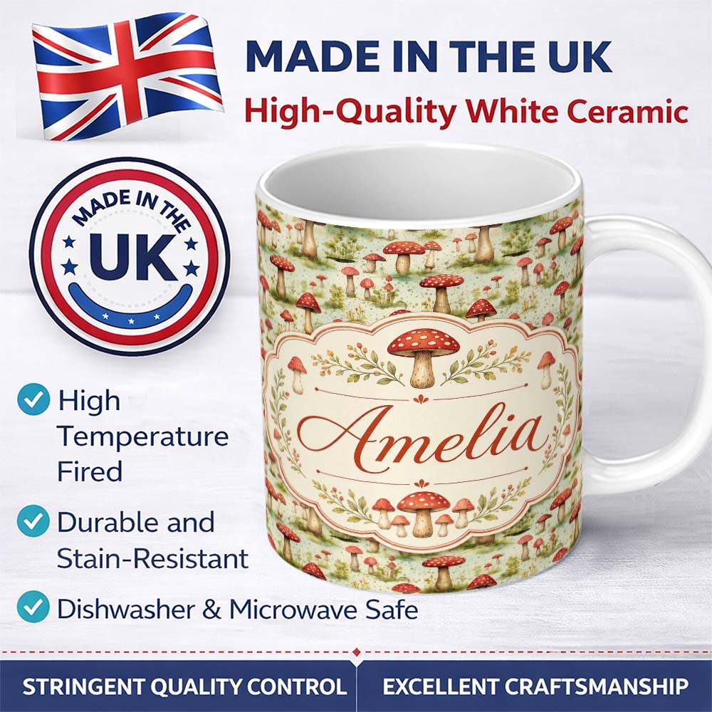 Personalized Custom Name Vintage Red Toadstool Meadow Scenic Seamless Pattern Name Cute 11oz Ceramic Coffee Tea Mug White Large Handle