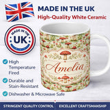 Personalized Custom Name Vintage Red Toadstool Meadow Scenic Seamless Pattern Name Cute 11oz Ceramic Coffee Tea Mug White Large Handle