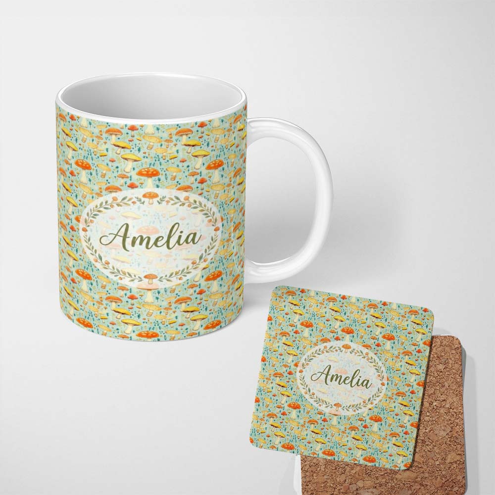 Personalized Custom Name Bright Yellow Mushroom Botanical Garden Seamless Pattern Name Cute 11oz Ceramic Coffee Tea Mug White Large Handle