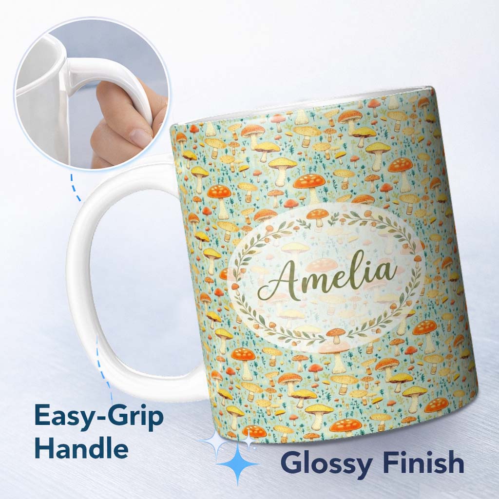 Personalized Custom Name Bright Yellow Mushroom Botanical Garden Seamless Pattern Name Cute 11oz Ceramic Coffee Tea Mug White Large Handle