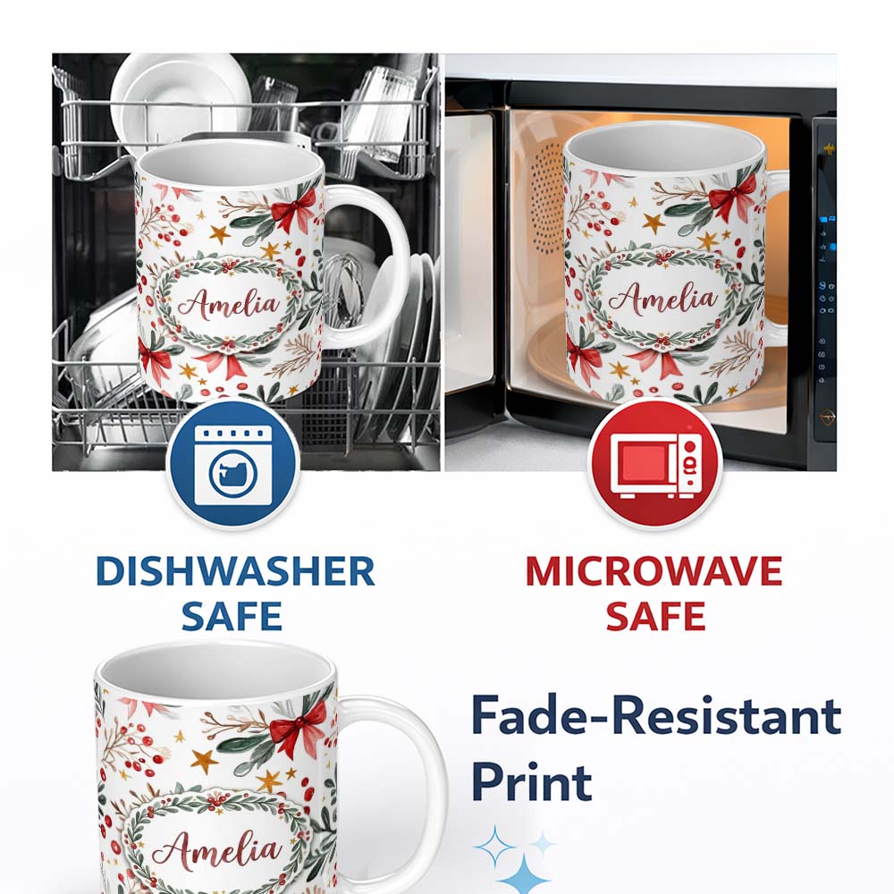 Personalized Custom Name Watercolor Christmas Bow Berry Branch Festive Seamless Pattern 11oz Ceramic Coffee Tea Mug White Large Handle