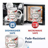 Personalized Custom Name Watercolor Christmas Bow Berry Branch Festive Seamless Pattern 11oz Ceramic Coffee Tea Mug White Large Handle