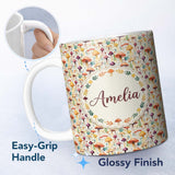 Personalized Custom Name Colorful Whimsical Mushroom Fantasy Garden Seamless Pattern Name 11oz Ceramic Coffee Tea Mug White Large Handle