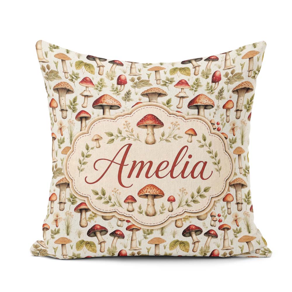 Custom Name Rustic Woodland Mushroom Leaves Nature Seamless Name Square Filled Cushion Throw Pillow Sofa Bed Home Decor Zip Washable UK Made