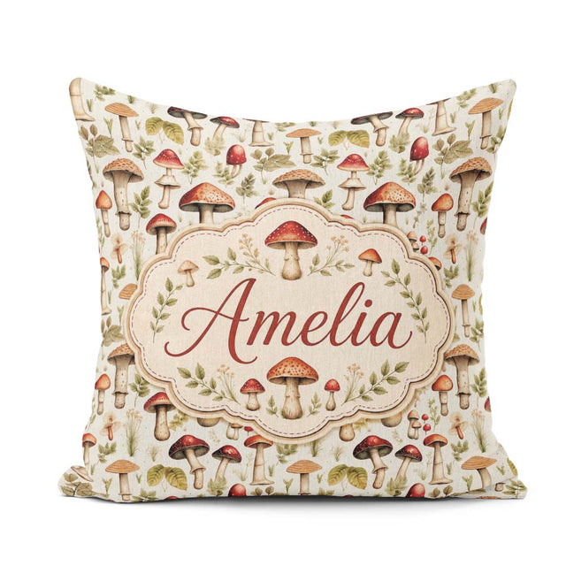 Custom Name Rustic Woodland Mushroom Leaves Nature Seamless Name Square Filled Cushion Throw Pillow Sofa Bed Home Decor Zip Washable UK Made