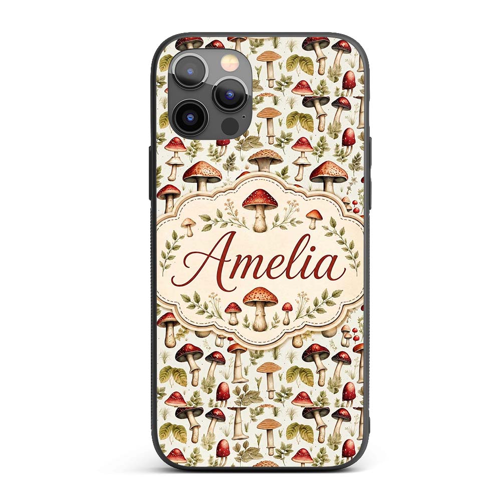 Rustic Woodland Mushroom Leaves Nature Seamless Custom Name Protective Phone Case Mobile Cover Durable Everyday Smartphone Shock Resistant