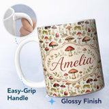 Personalized Custom Name Rustic Woodland Mushroom Leaves Nature Seamless Pattern Name Cute 11oz Ceramic Coffee Tea Mug White Large Handle