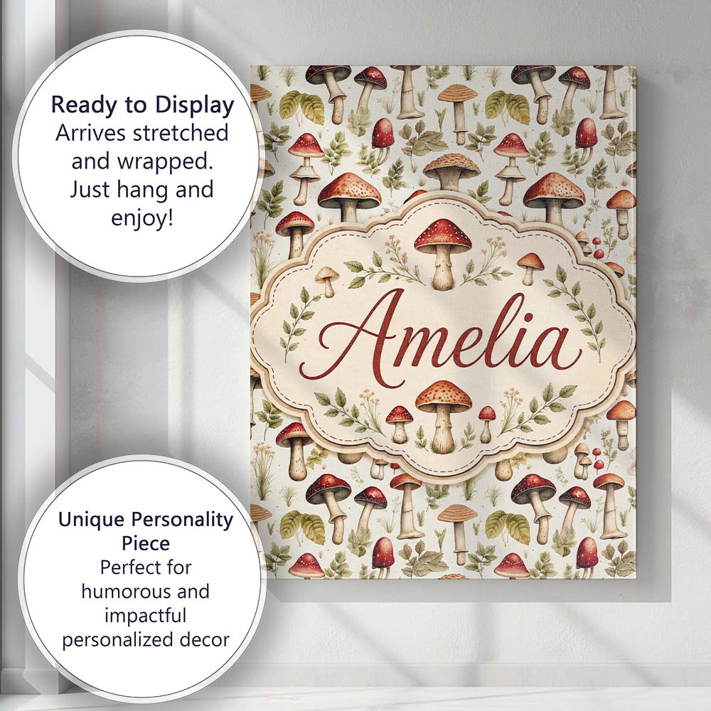 Personalised Name Rustic Woodland Mushroom Custom  Unique Gift Idea Elegant Feature Canvas Wall Art Print Decor Picture Ready to Hang
