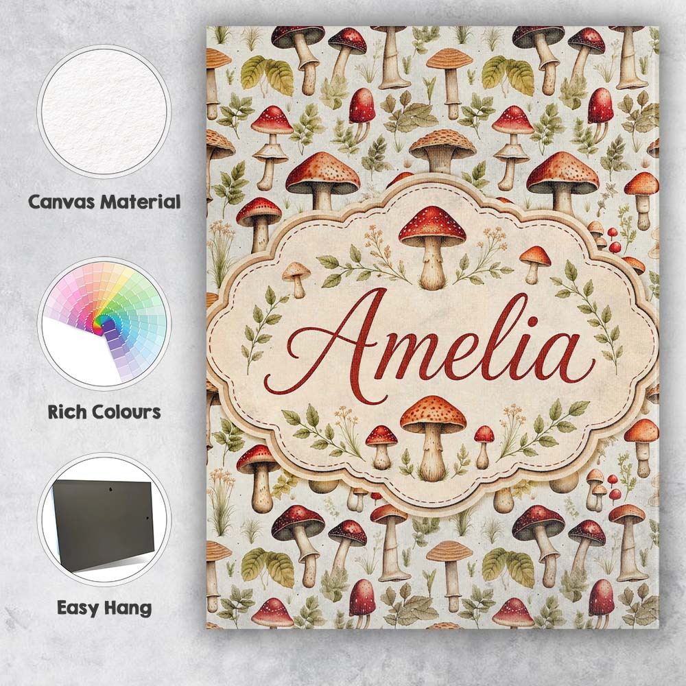 Personalised Name Rustic Woodland Mushroom Custom  Unique Gift Idea Elegant Feature Canvas Wall Art Print Decor Picture Ready to Hang