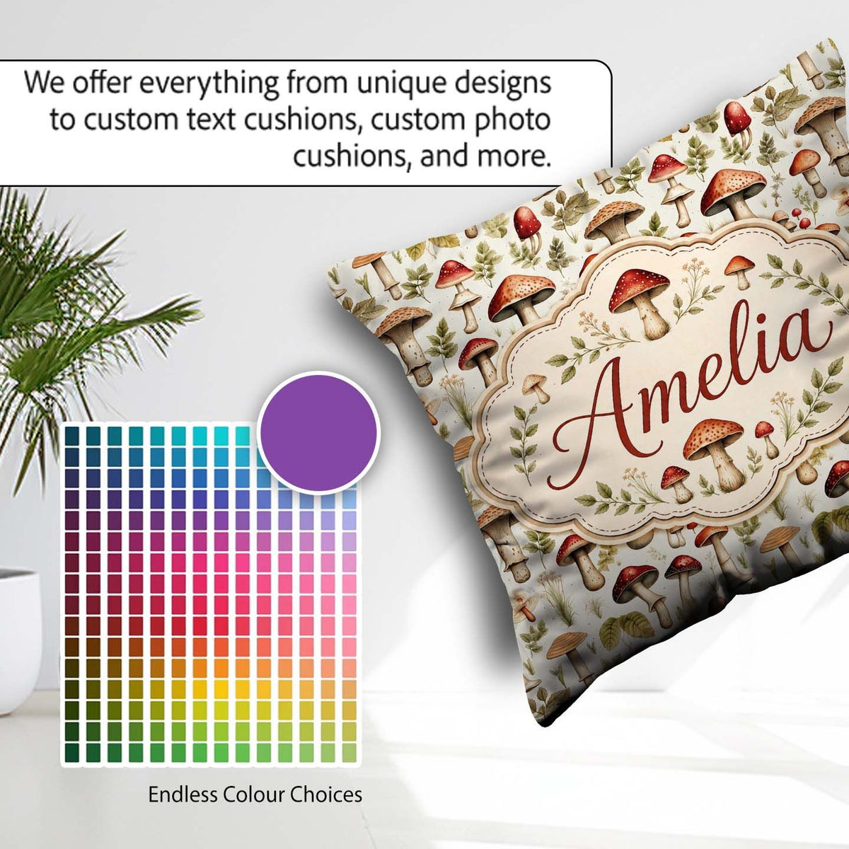 Custom Name Rustic Woodland Mushroom Leaves Nature Seamless Name Square Filled Cushion Throw Pillow Sofa Bed Home Decor Zip Washable UK Made