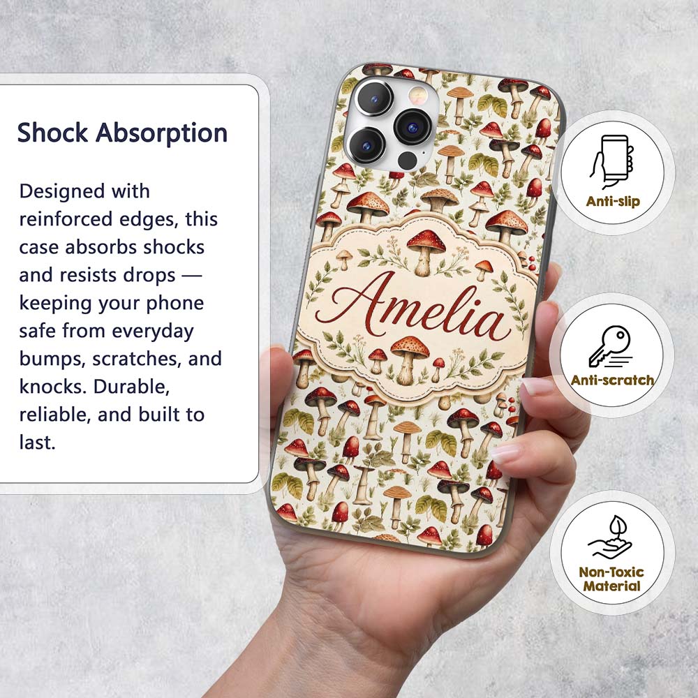 Rustic Woodland Mushroom Leaves Nature Seamless Custom Name Protective Phone Case Mobile Cover Durable Everyday Smartphone Shock Resistant
