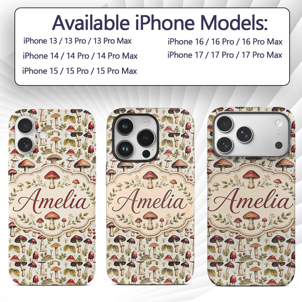 Rustic Woodland Mushroom Leaves Nature Seamless Custom Name Protective Phone Case Mobile Cover Durable Everyday Smartphone Shock Resistant