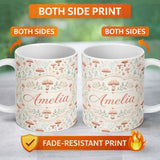 Personalized Custom Name Delicate Pastel Mushroom Botanical Meadow Seamless Pattern Name Cute 11oz Ceramic Coffee Tea Mug White Large Handle