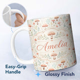 Personalized Custom Name Delicate Pastel Mushroom Botanical Meadow Seamless Pattern Name Cute 11oz Ceramic Coffee Tea Mug White Large Handle