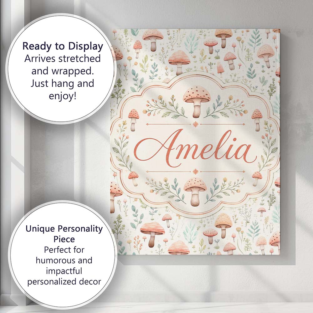 Personalised Name Delicate Pastel Mushroom Custom  Unique Gift Idea Elegant Feature Canvas Wall Art Print Decor Picture Ready to Hang