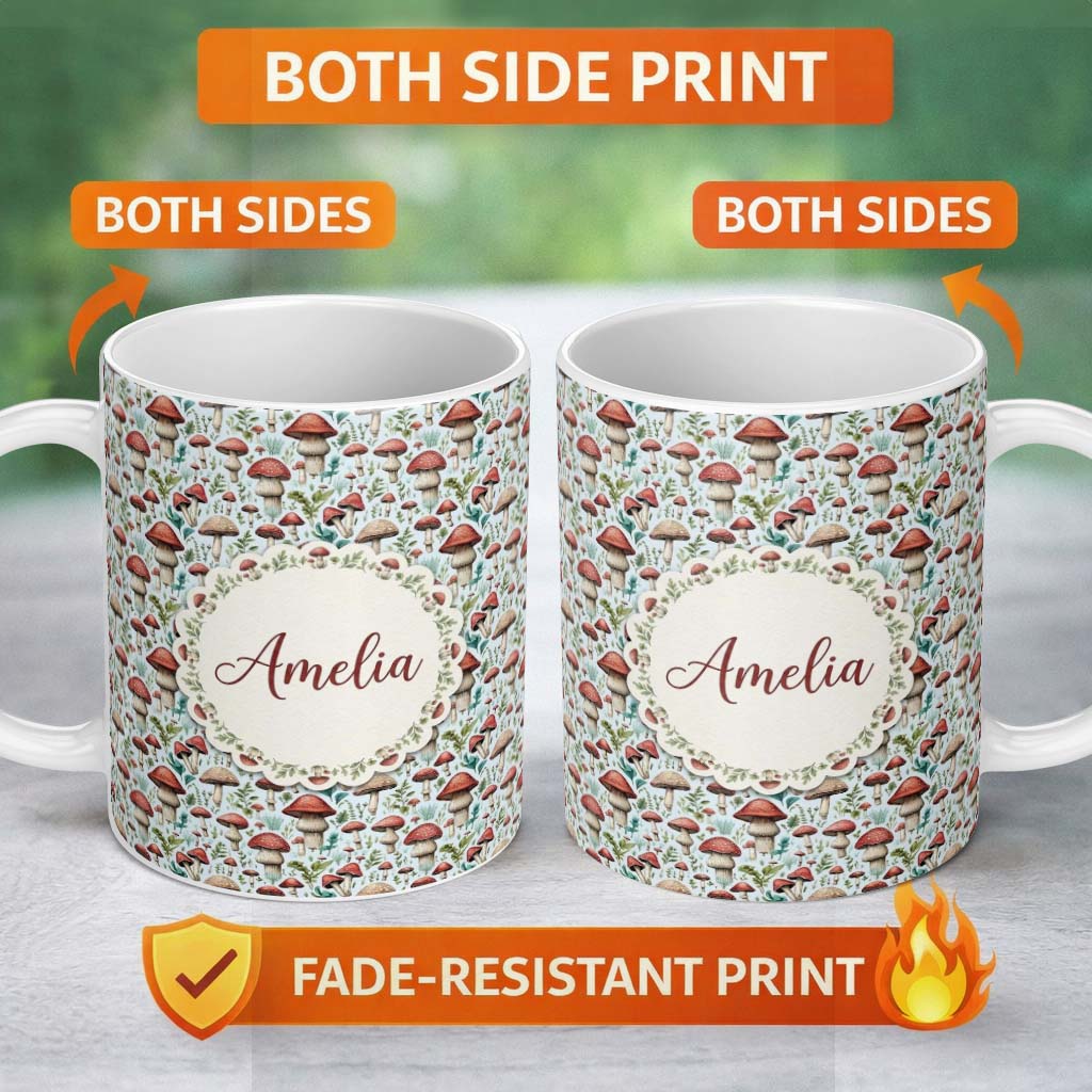 Personalized Custom Name Woodland Red Toadstool Mushroom Botanical Seamless Pattern Name Cute 11oz Ceramic Coffee Tea Mug White Large Handle