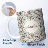 Personalized Custom Name Woodland Red Toadstool Mushroom Botanical Seamless Pattern Name Cute 11oz Ceramic Coffee Tea Mug White Large Handle