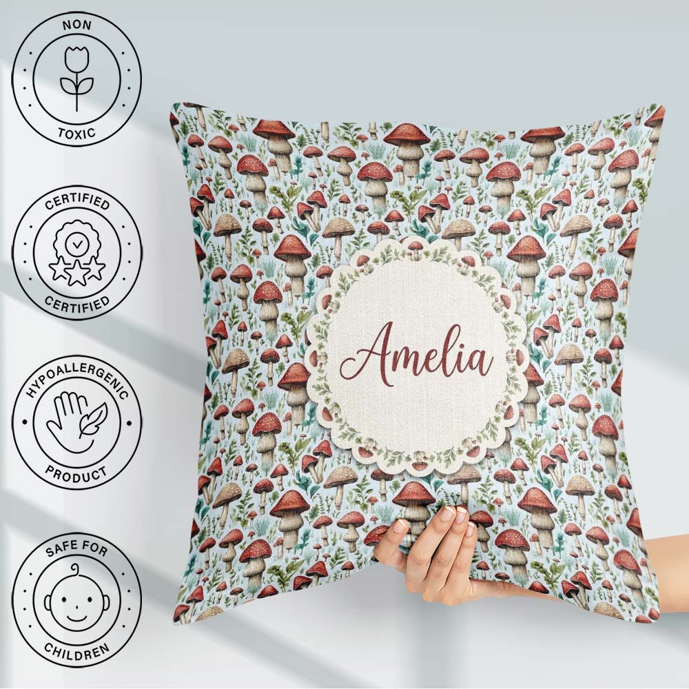 Custom Name Woodland Red Toadstool Mushroom Botanical Name Cute Square Filled Cushion Throw Pillow Sofa Bed Home Decor Zip Washable UK Made