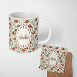Personalized Custom Name Minimal Red Mushroom Ditsy Nature Seamless Pattern Name Cute Unique 11oz Ceramic Coffee Tea Mug White Large Handle
