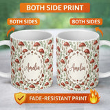 Personalized Custom Name Minimal Red Mushroom Ditsy Nature Seamless Pattern Name Cute Unique 11oz Ceramic Coffee Tea Mug White Large Handle