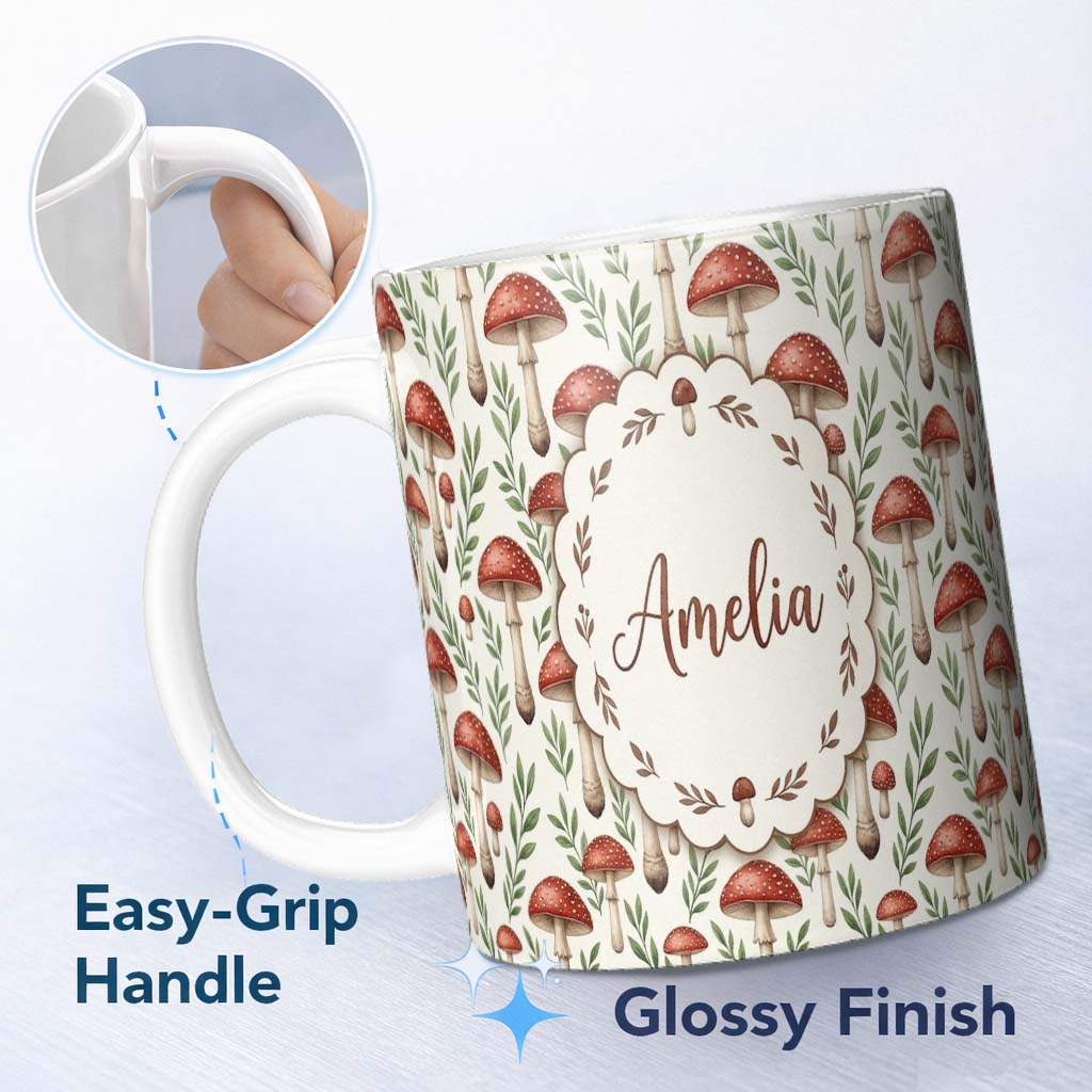 Personalized Custom Name Minimal Red Mushroom Ditsy Nature Seamless Pattern Name Cute Unique 11oz Ceramic Coffee Tea Mug White Large Handle