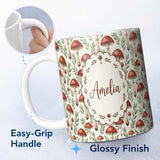 Personalized Custom Name Minimal Red Mushroom Ditsy Nature Seamless Pattern Name Cute Unique 11oz Ceramic Coffee Tea Mug White Large Handle