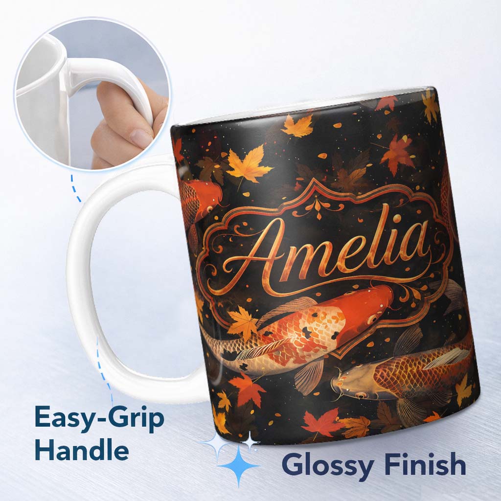 Personalized Custom Name Dark Autumn Pond Koi Fish and Falling Maple Leaves Pattern Rich 11oz Ceramic Coffee Tea Mug White Large Handle