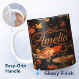 Personalized Custom Name Dark Autumn Pond Koi Fish and Falling Maple Leaves Pattern Rich 11oz Ceramic Coffee Tea Mug White Large Handle