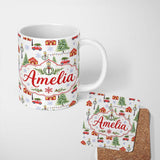 Personalized Custom Name Watercolor Christmas Village Trees Cars Snow Scene Seamless Pattern 11oz Ceramic Coffee Tea Mug White Large Handle