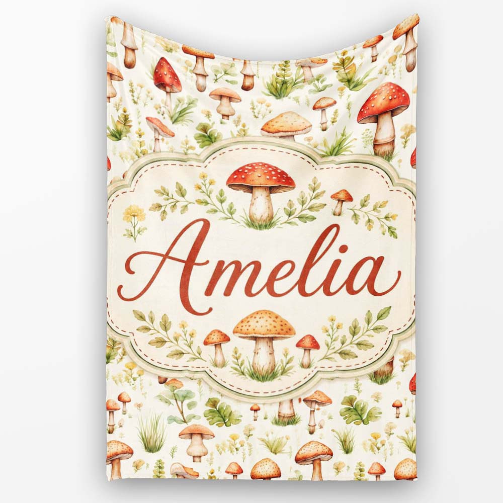Wild Forest Mushroom Botanical Meadow Seamless Pattern Name Cute  Personalised Custom Name Super Soft Fleece Blanket Bed Sofa Throw