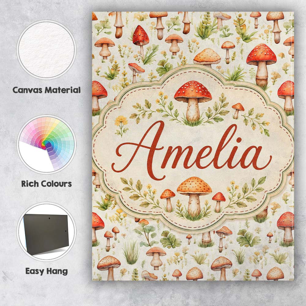Personalised Name Wild Forest Mushroom Custom  Modern Room Accent Elegant Feature Canvas Wall Art Print Decor Picture Ready to Hang