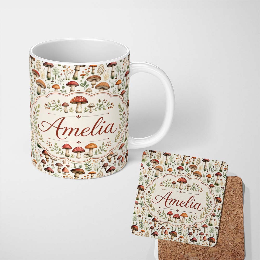 Personalized Custom Name Autumn Woodland Mushroom Leaves Botanical Seamless Pattern Name Cute 11oz Ceramic Coffee Tea Mug White Large Handle