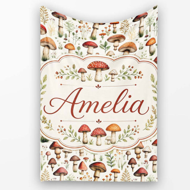 Autumn Woodland Mushroom Leaves Botanical Seamless Pattern Name Cute  Personalised Custom Name Super Soft Fleece Blanket Bed Sofa Throw