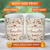 Personalized Custom Name Autumn Woodland Mushroom Leaves Botanical Seamless Pattern Name Cute 11oz Ceramic Coffee Tea Mug White Large Handle